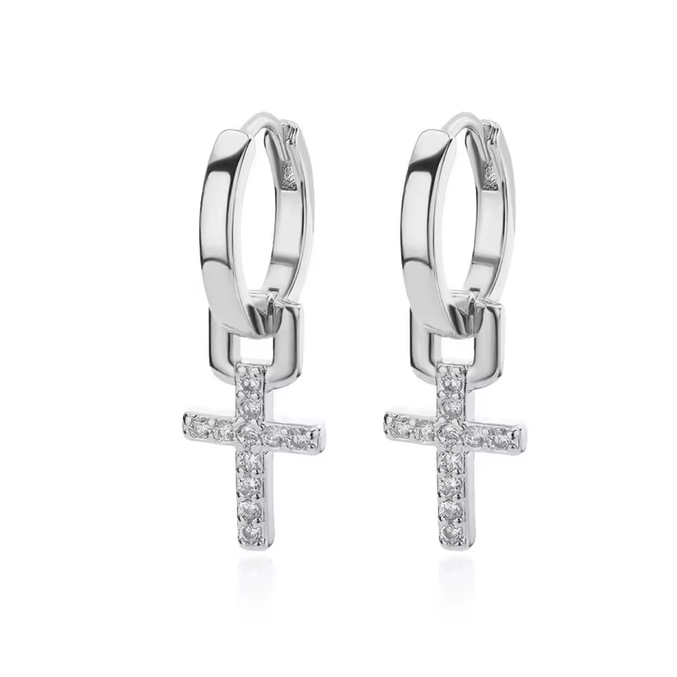 silver cross drop earrings minimalist design