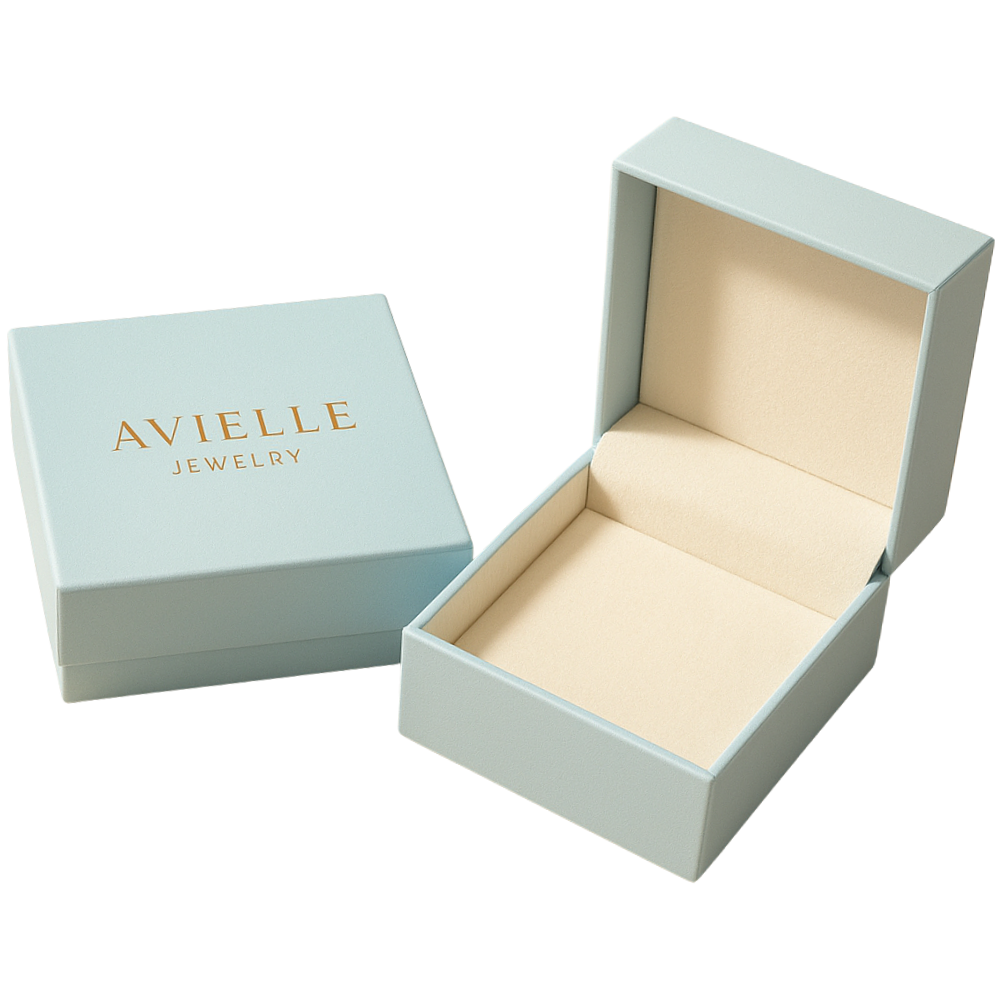Elegant light blue Avielle Jewelry gift box with open interior on beige background, luxury minimalist packaging.