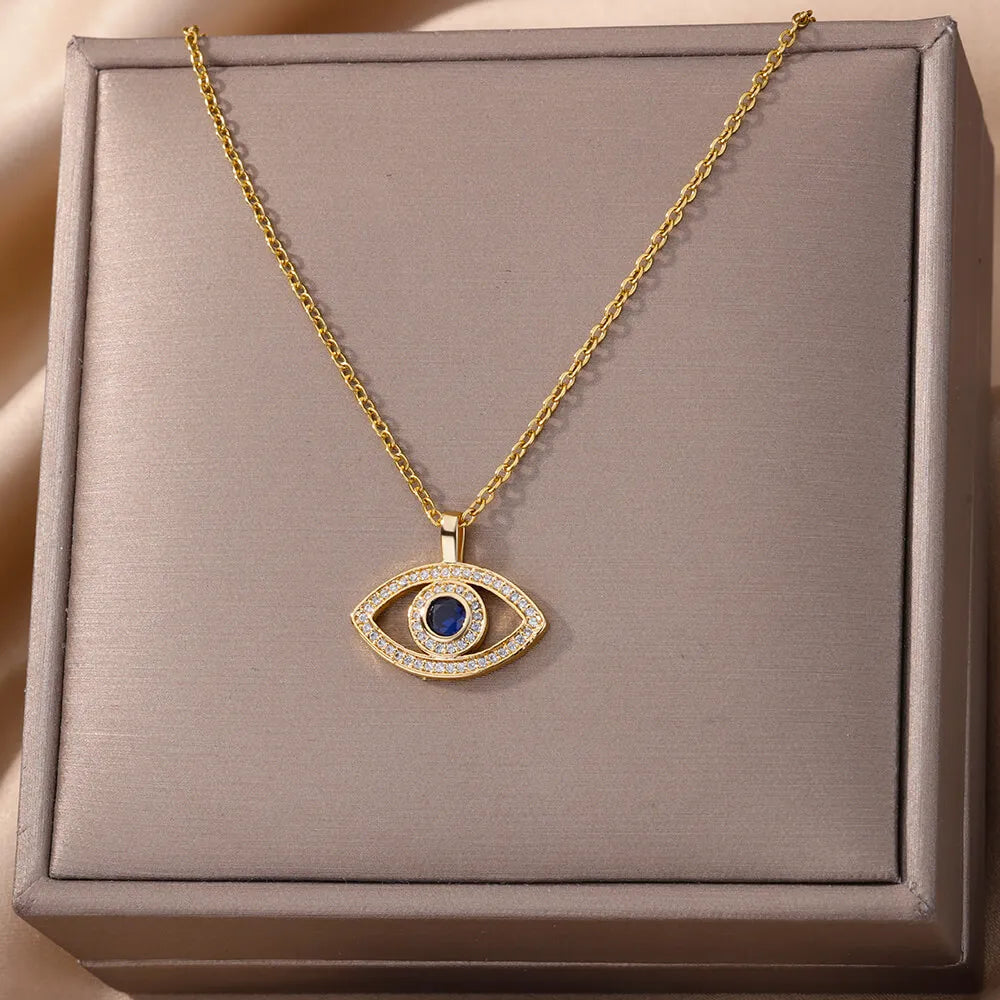 evil eye necklace with zircon crystals close-up