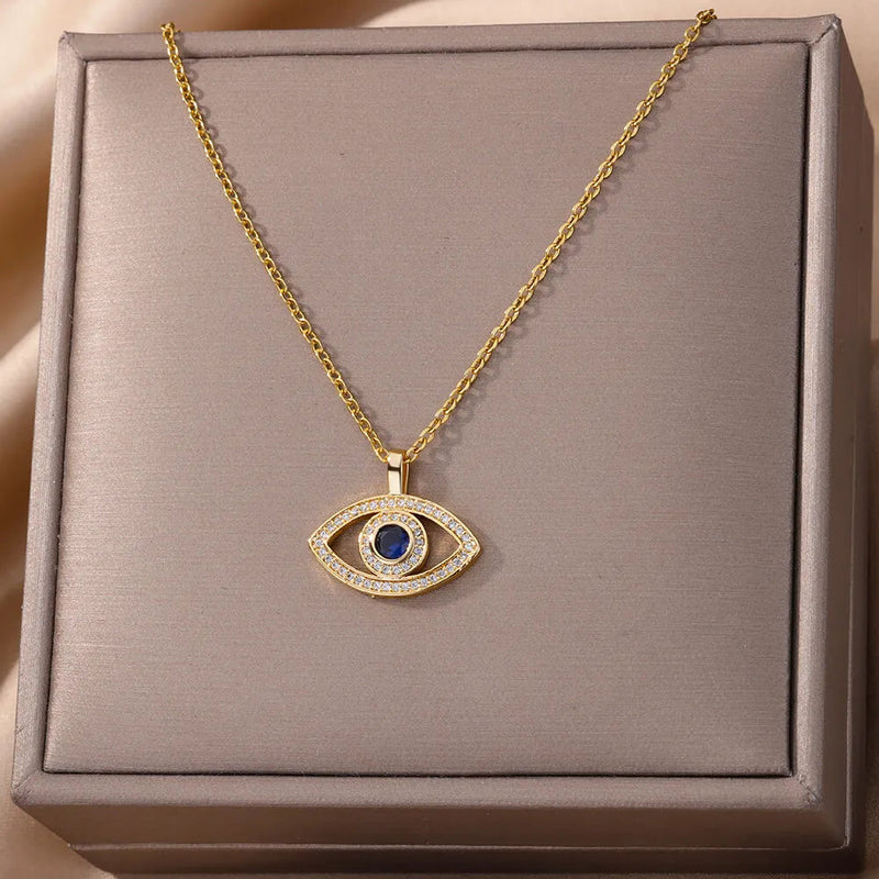 evil eye necklace with zircon crystals close-up