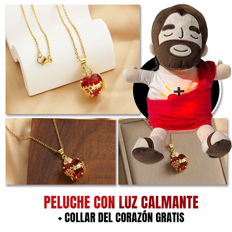 Peluche de Jesús con luz suave y respiración natural — consuelo emocional y espiritual