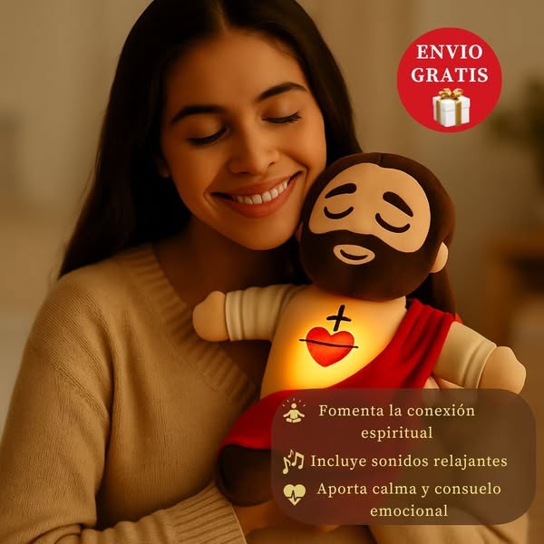 Peluche de Jesús con luz suave y respiración natural — consuelo emocional y espiritual