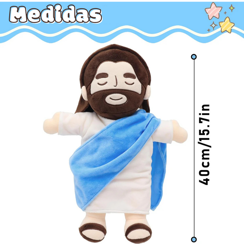 Peluche de Jesús con luz suave y respiración natural — consuelo emocional y espiritual