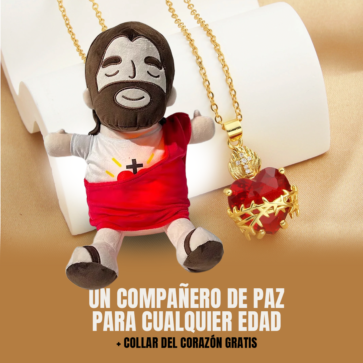 Peluche de Jesús con luz suave y respiración natural — consuelo emocional y espiritual