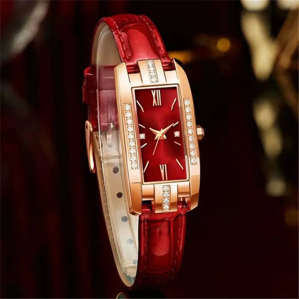 liora square dial red leather quartz watch