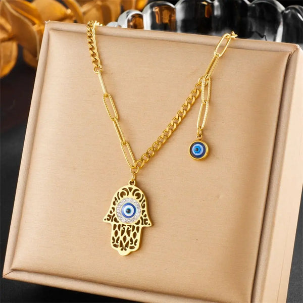 vibrant evil eye charm necklace close-up