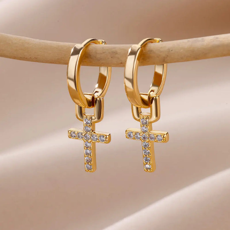 modern stainless steel cross drop earrings