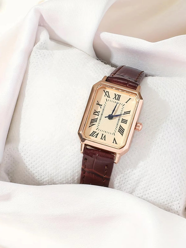 roman numeral rectangular women’s watch close-up