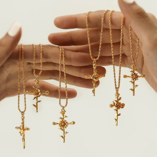 18k gold birth flower necklace close-up