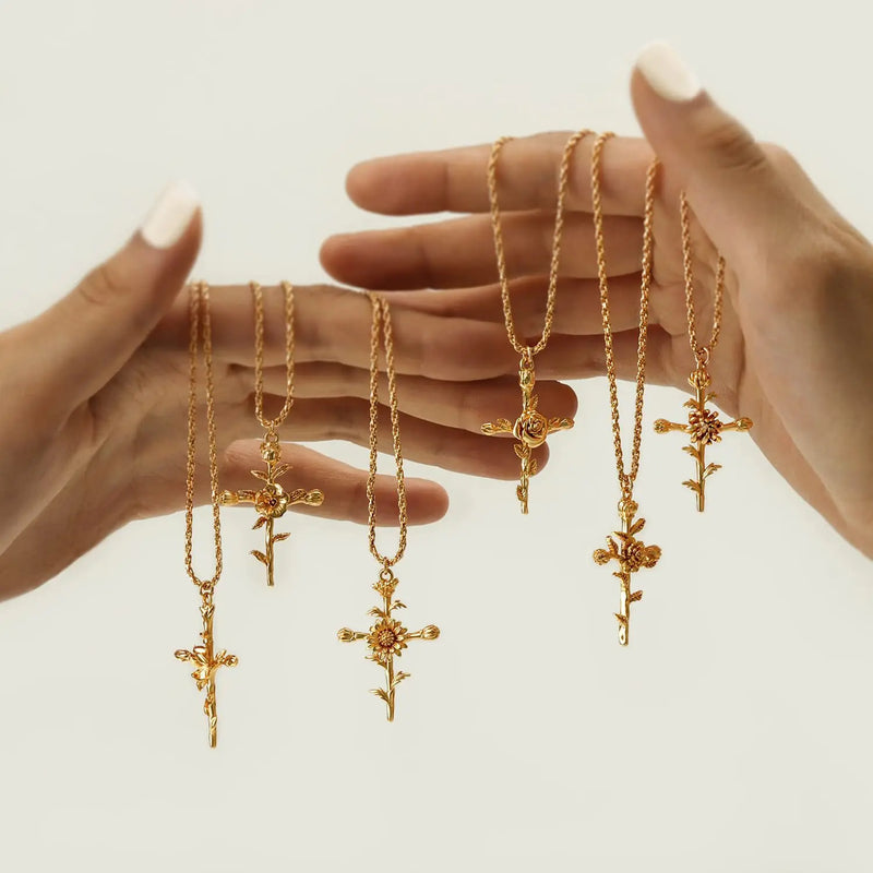 18k gold birth flower necklace close-up