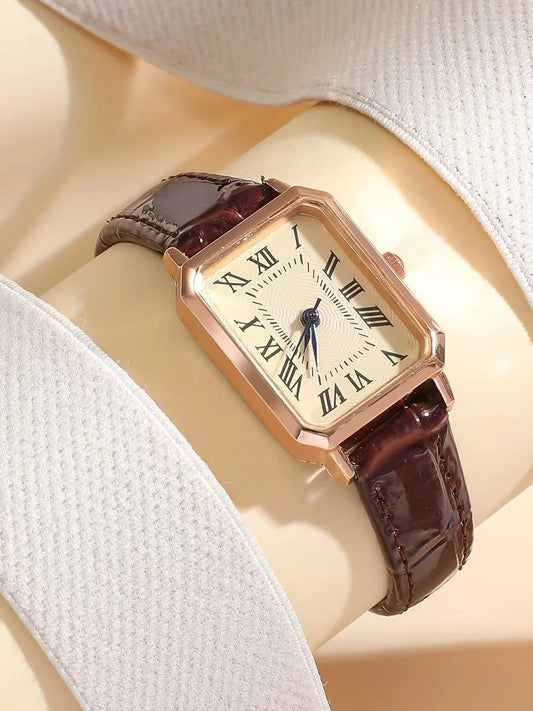 classic rectangle leather quartz watch