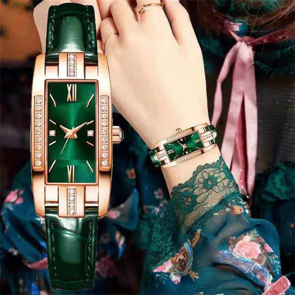 liora square dial green leather quartz watch