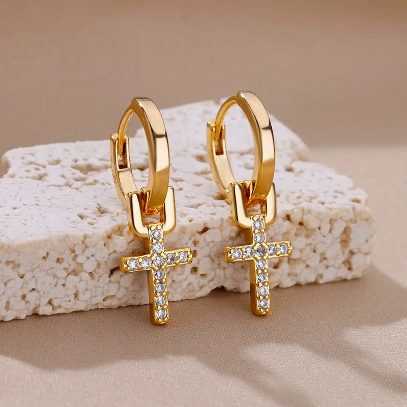 dainty cross drop earrings gold stainless steel