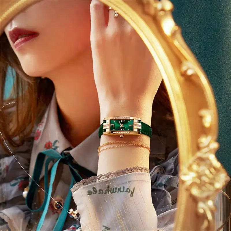 liora square dial green leather quartz watch