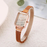 New Women Watches Fashion Square Ladies Quartz Watch Magnetic Strap Green Dial Simple Rose Gold Mesh Luxury Women Watches